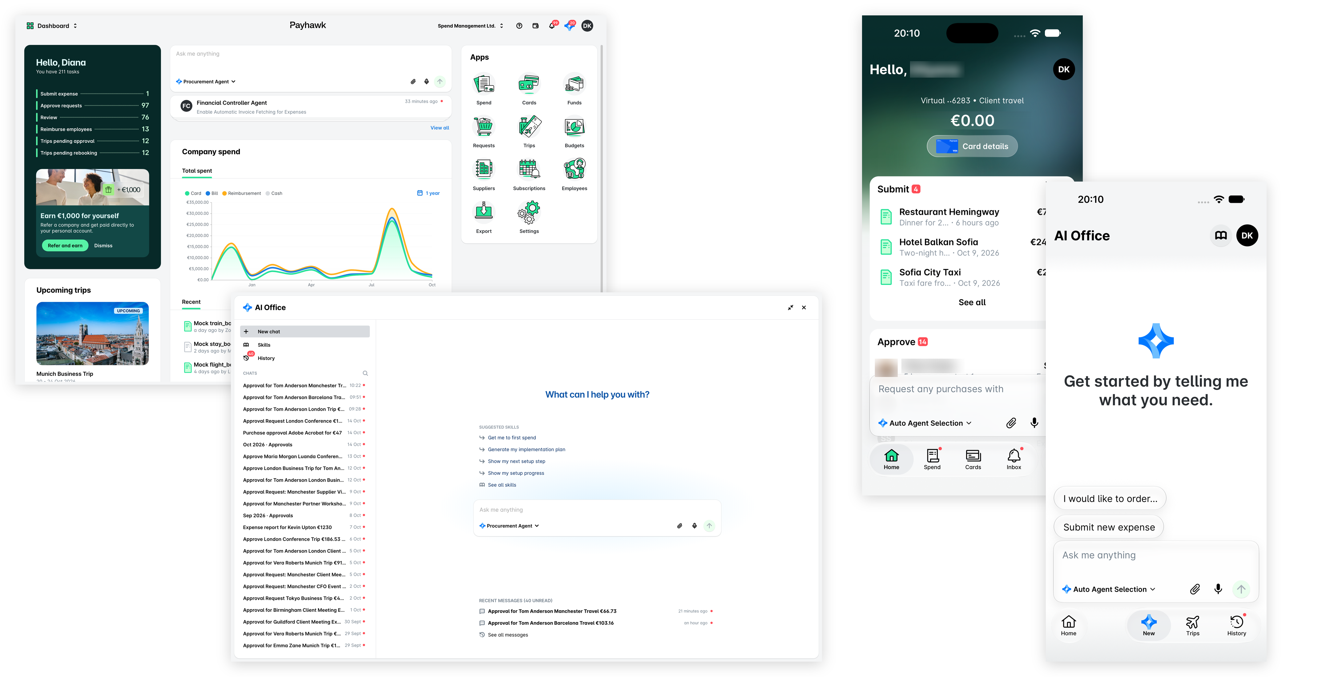 L’agent Procurement sélectionné sur le tableau de bord du portail Web Payhawk et dans AI Office en plein écran, et la conversation avec l’agent dans l’application mobile Payhawk.