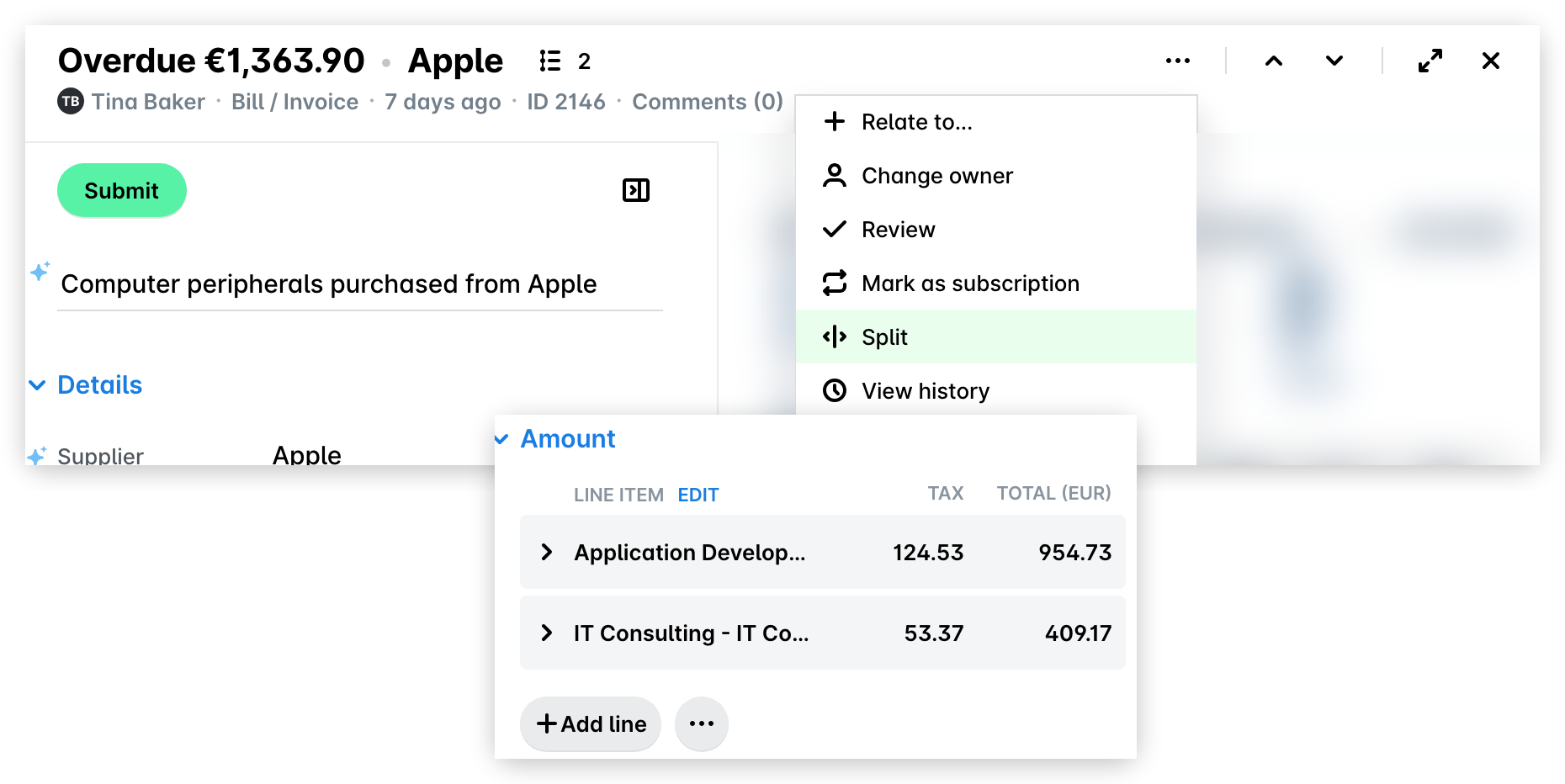 Expense three-dot menu with the Split option, and the Amount section showing two line items and the Add line button