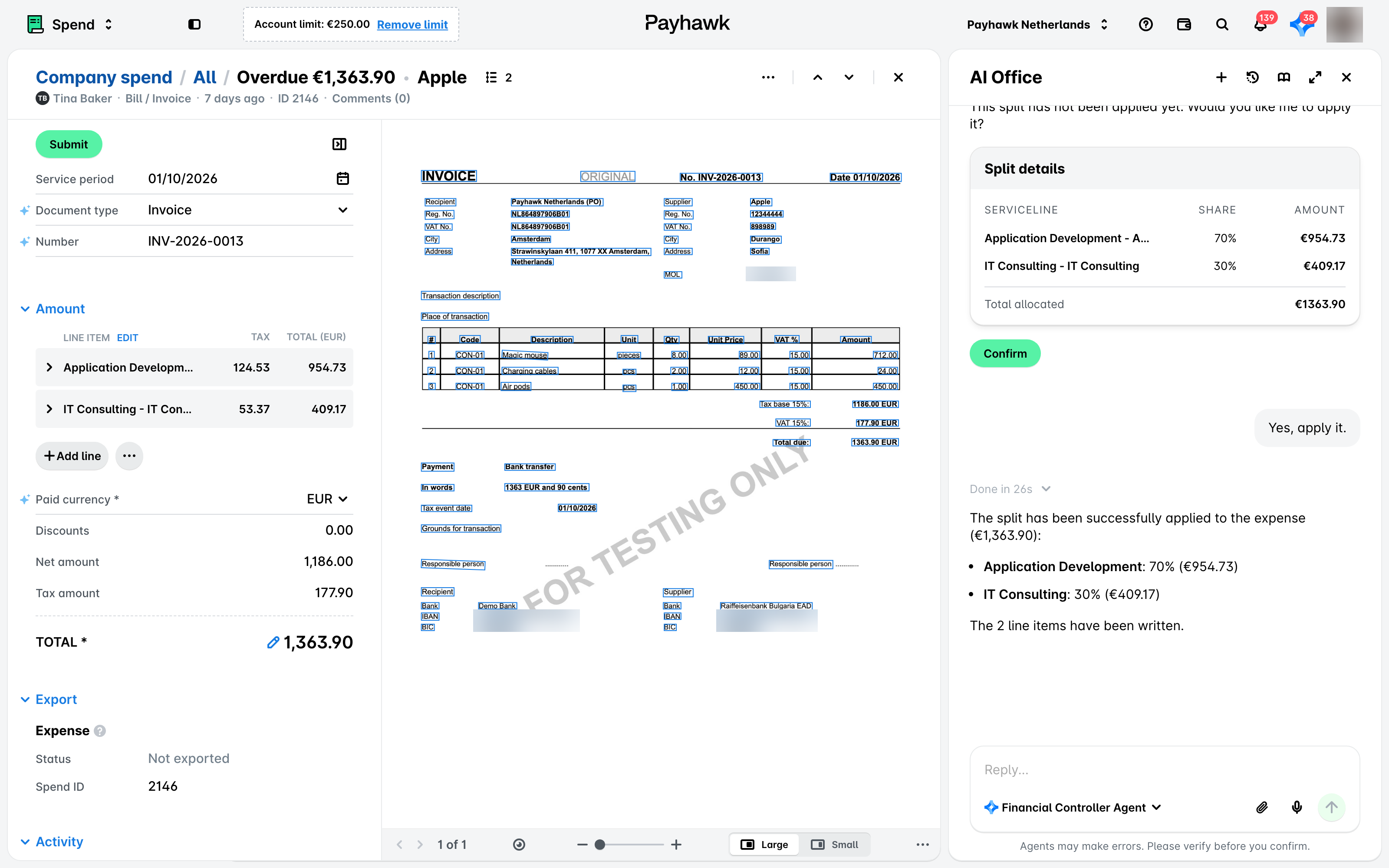 An expense split into two line items in the Amount section, next to the AI Office panel where the Financial Controller Agent confirms the 70/30 split has been applied.