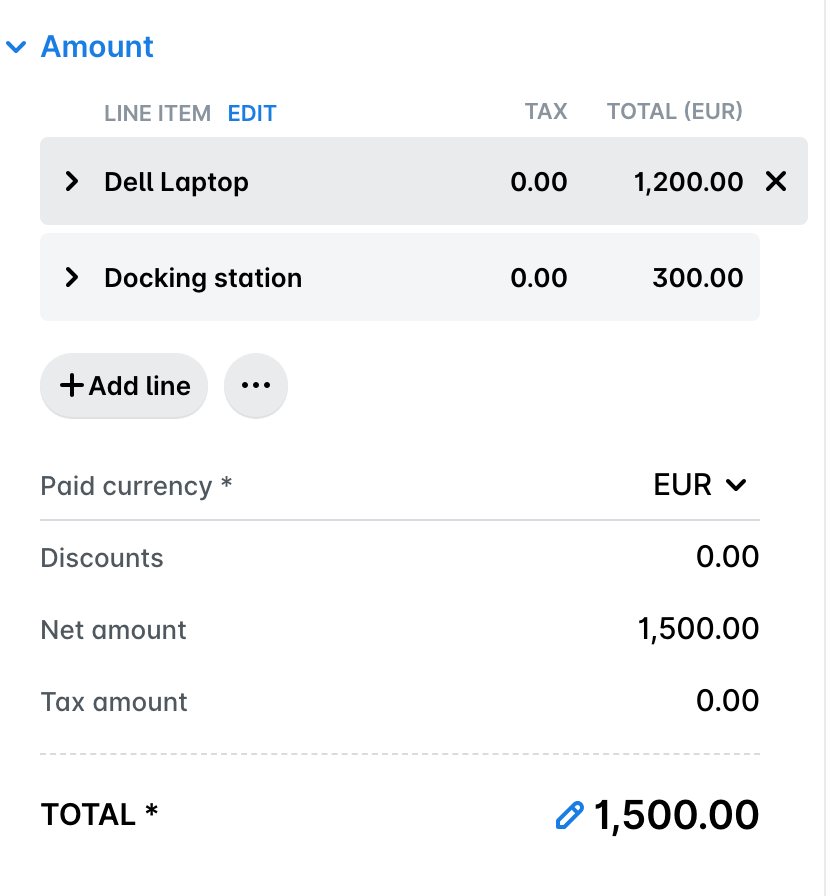 Line items in the Amount section of an expense, with the x icon shown when you hover over a line item.