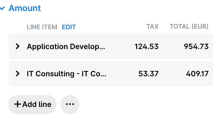 Amount section of an expense with two line items, the EDIT option, and the Add line button