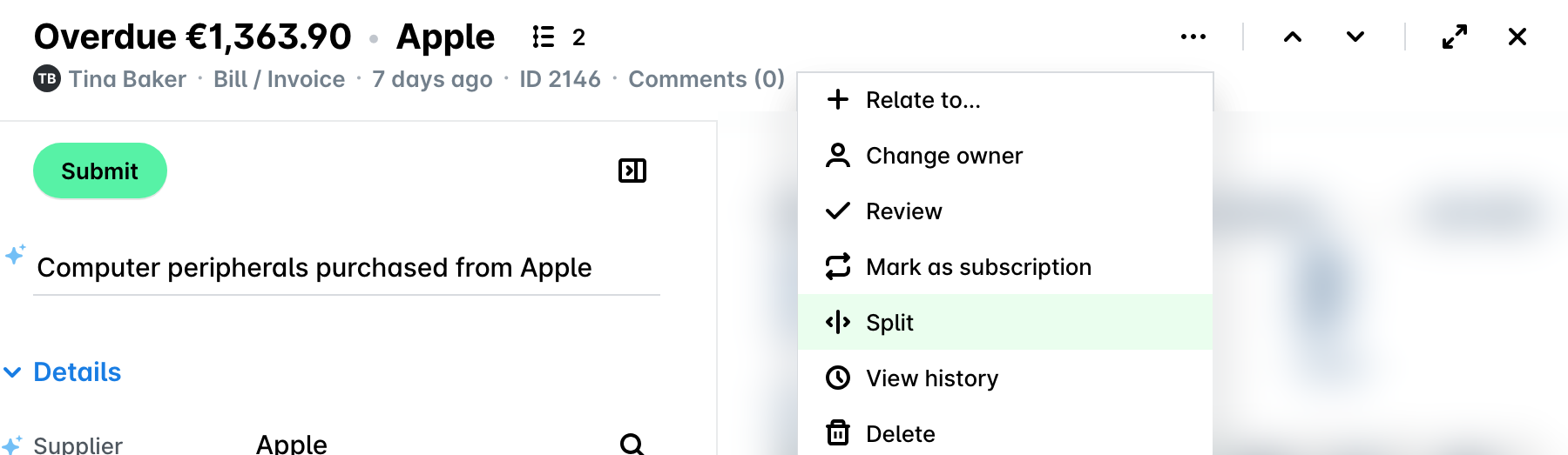 Expense three-dot menu open with the Split option highlighted