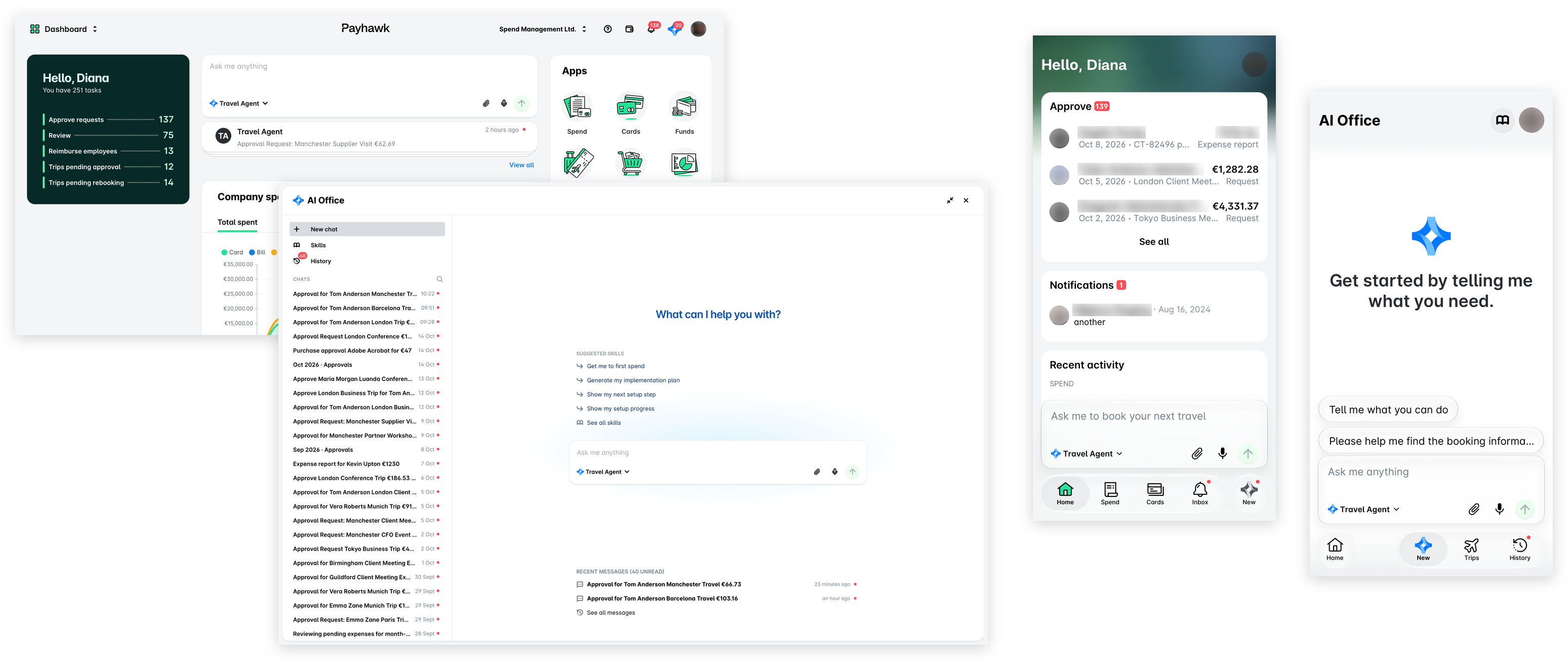 Der Travel Agent im Dashboard und im KI-Büro im Vollbildmodus im Payhawk-Webportal sowie auf dem Startbildschirm und im KI-Büro in der mobilen Payhawk-App.