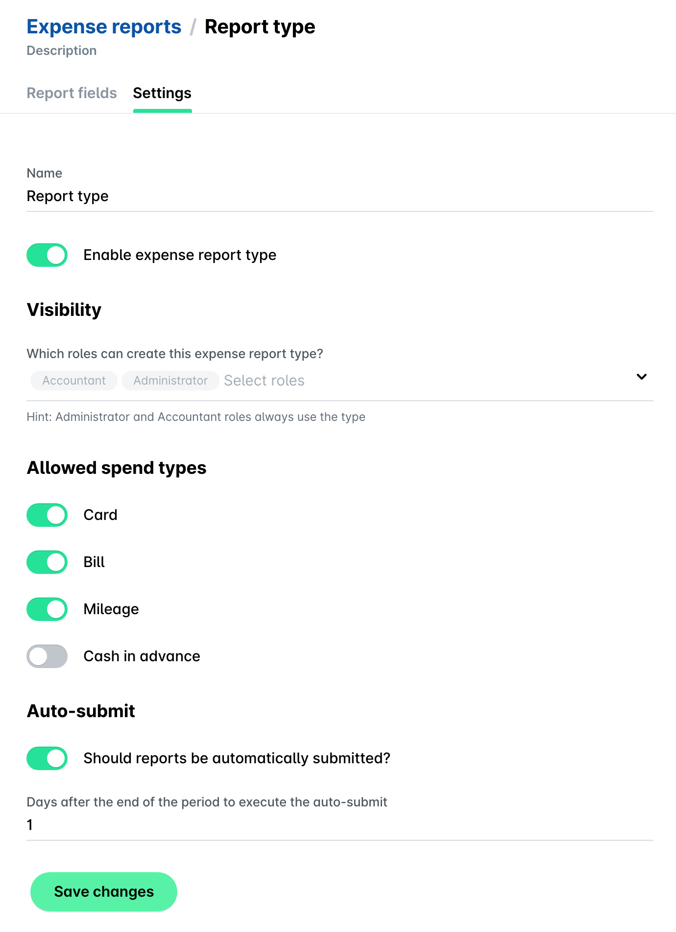 Tabblad Instellingen van een type onkostendeclaratie met Zichtbaarheid, Toegestane typen uitgaven en Automatisch indienen