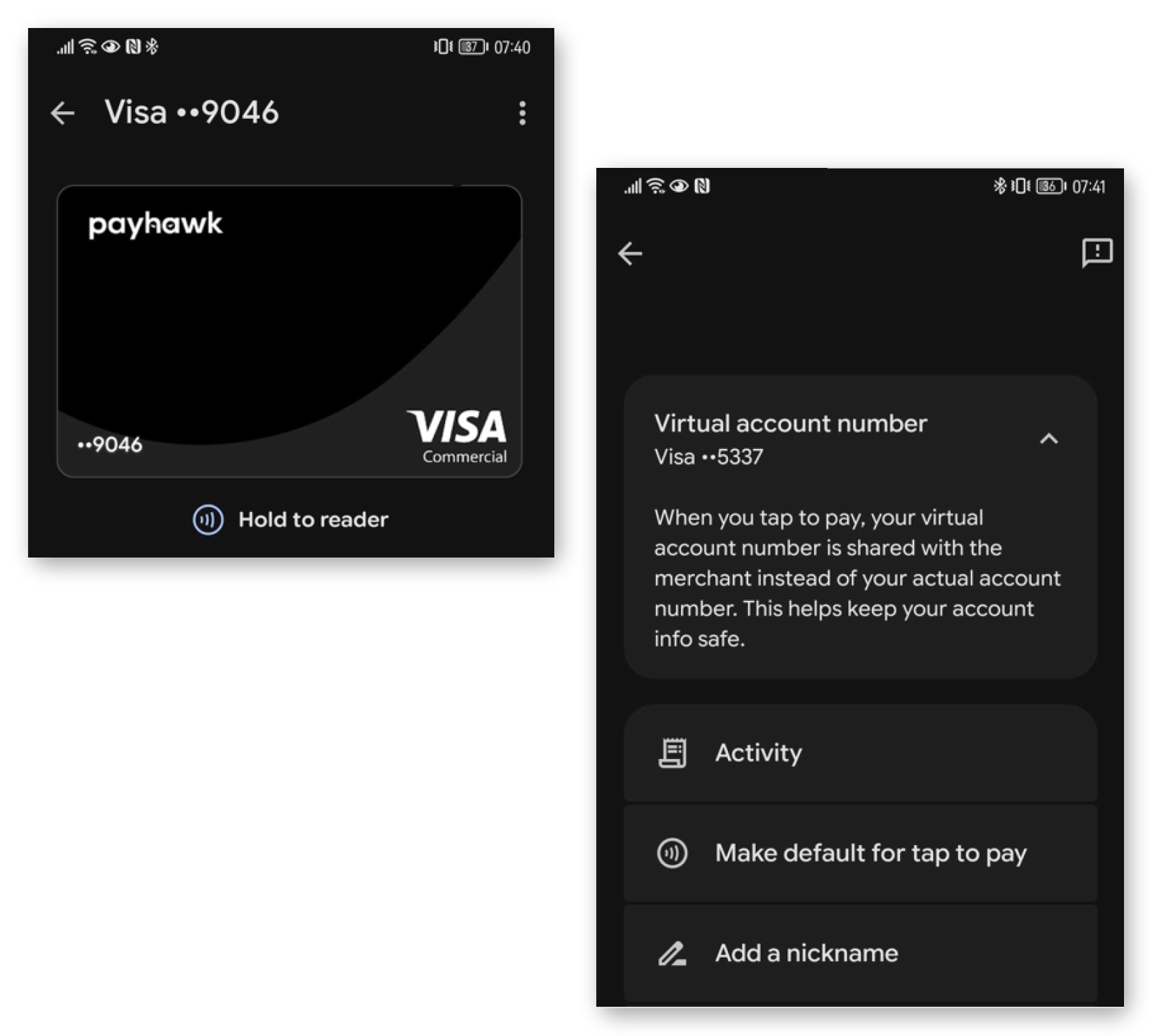 Google Wallet card details screen and the Virtual account number section showing the last four digits.