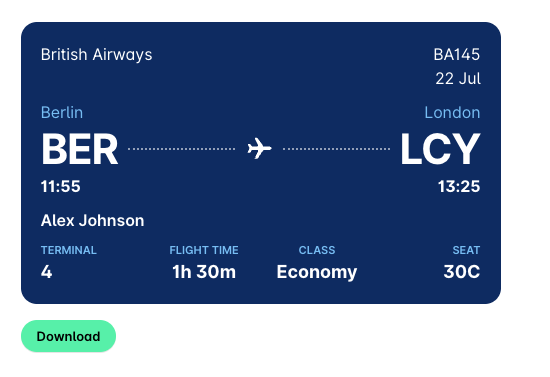 Boarding pass for a Berlin to London flight sent by the Travel AI Agent in the chat, showing the flight number, times, terminal, class, and seat, with a Download button.