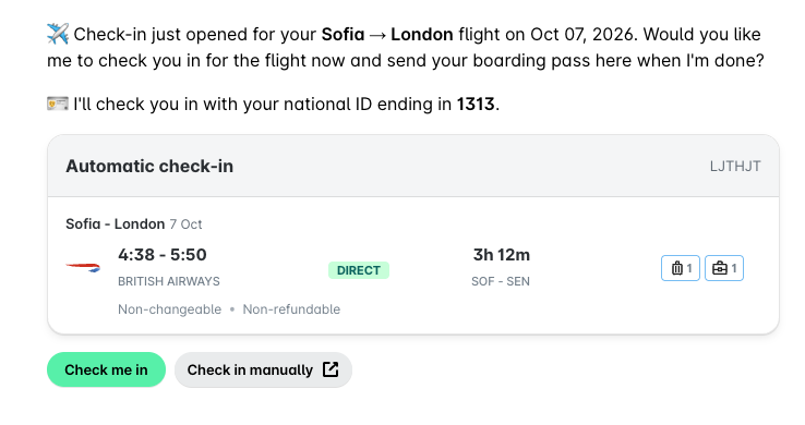 Travel AI Agent chat message offering automatic check-in for a Sofia to London flight, with the flight details and the Check me in and Check in manually buttons.
