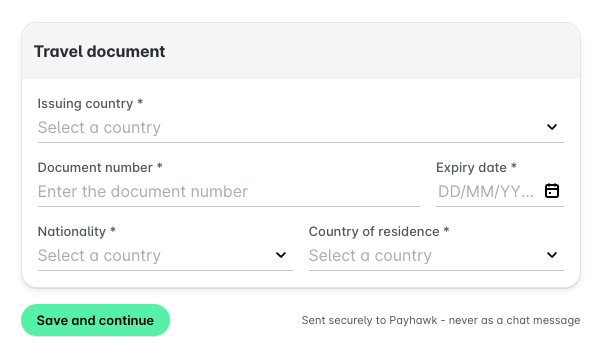 Travel document form in the AI Agent chat with issuing country, document number, expiry date, nationality, and country of residence fields.