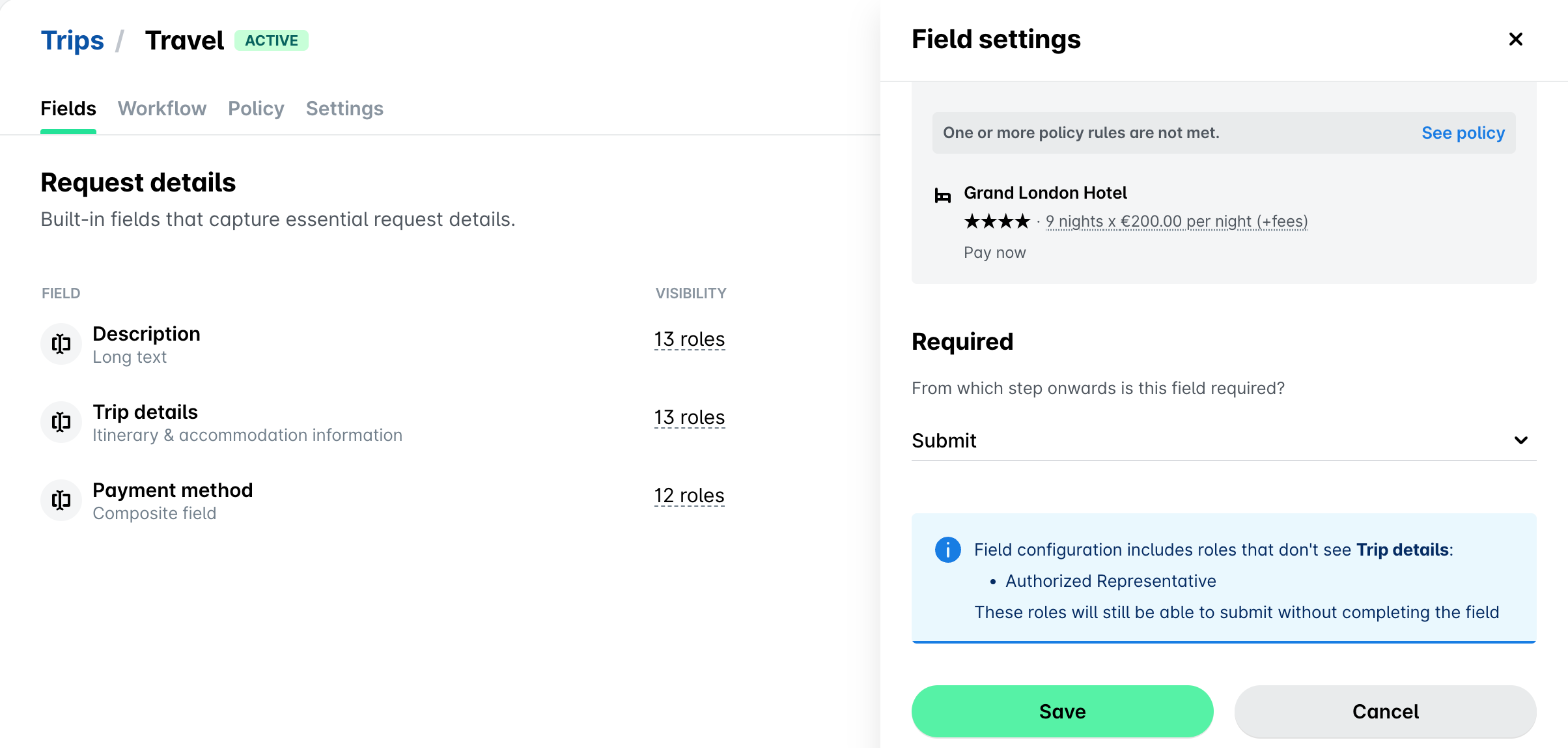 Fields tab of a trip type with the Trip details field settings open and the Required drop-down set to Submit.