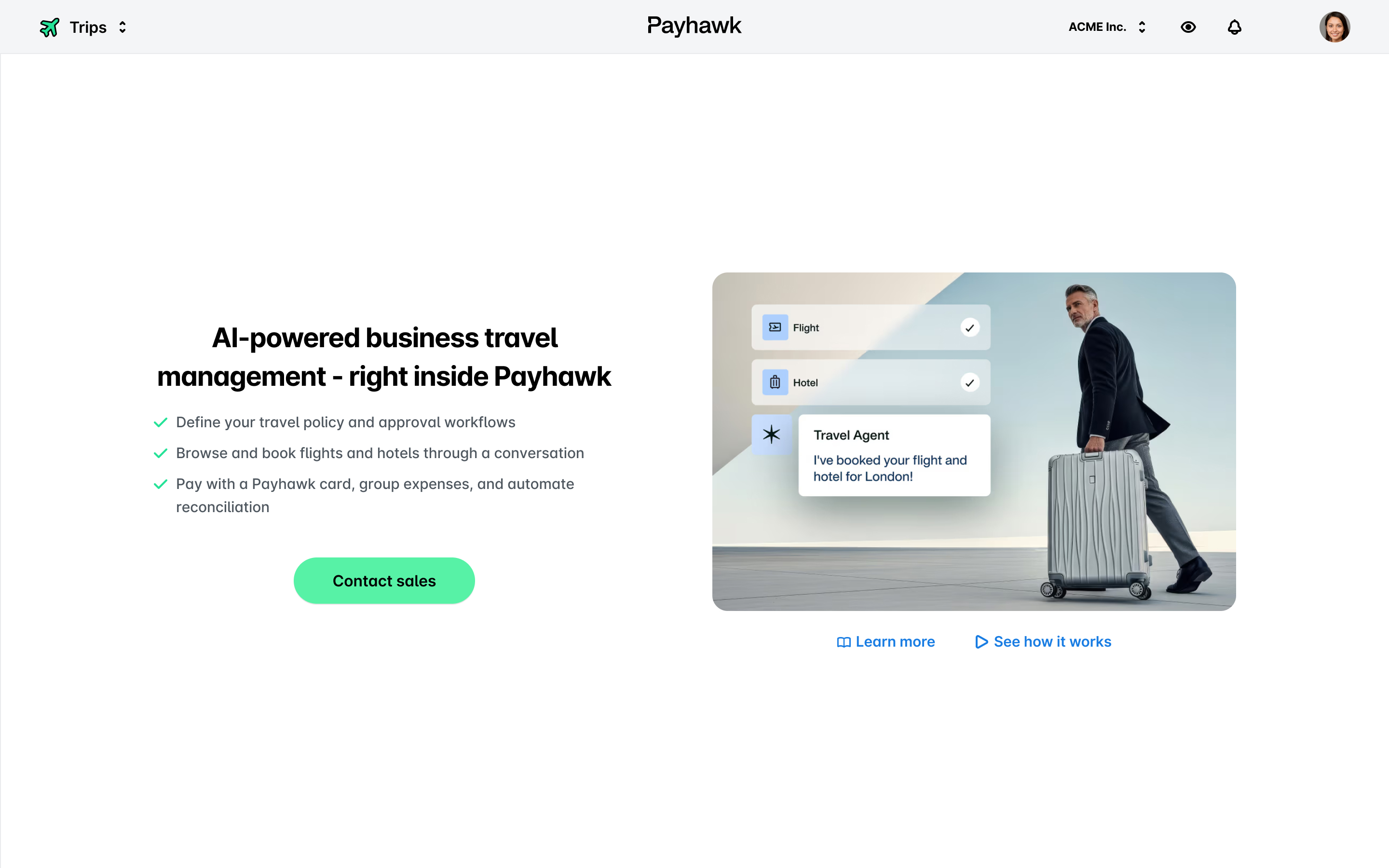 AI-powered travel management interface showcasing flight and hotel booking features.