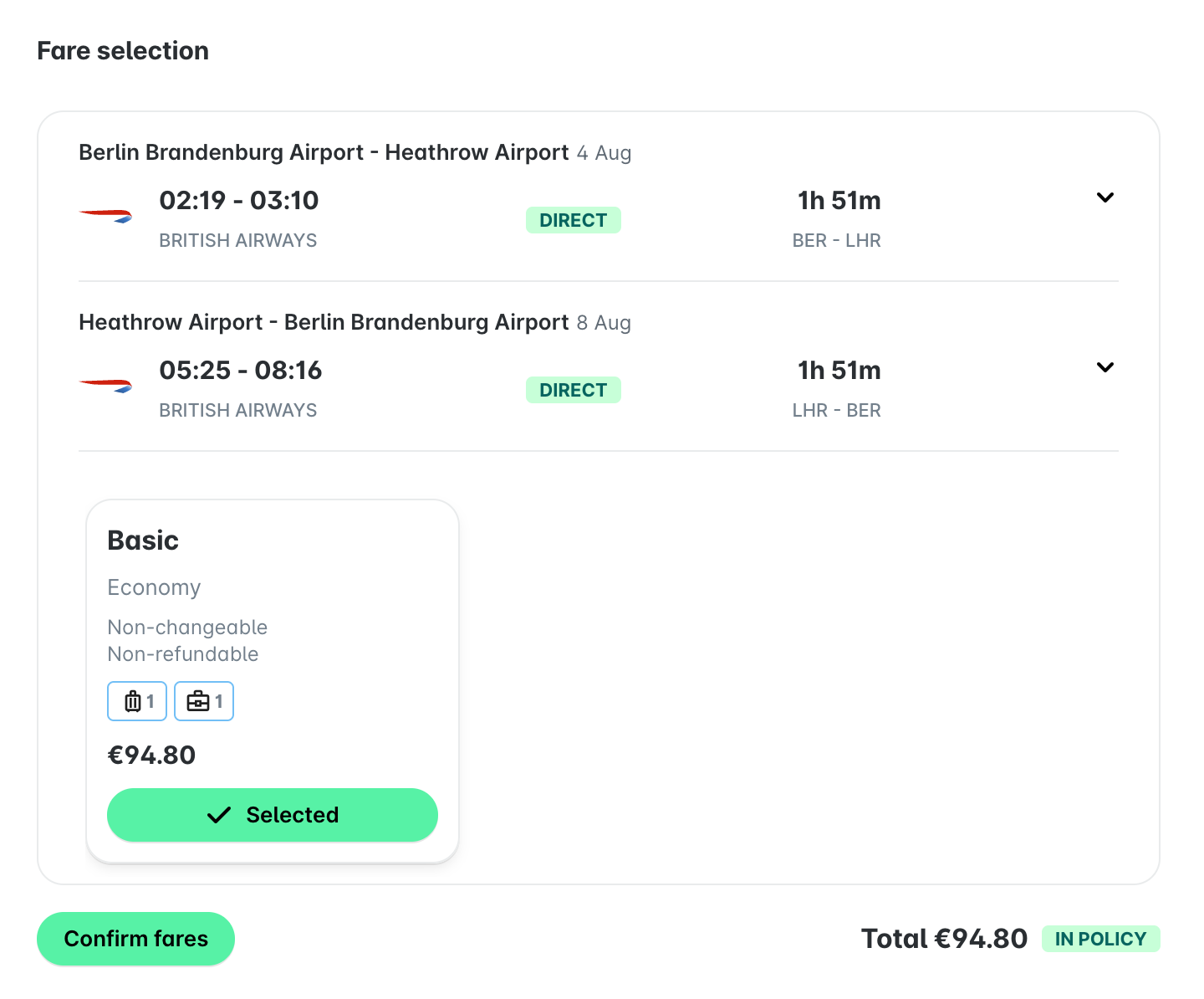 Confirm fares screen showing both round-trip legs, the selected Basic economy fare, the Confirm fares button, and the total marked IN POLICY.