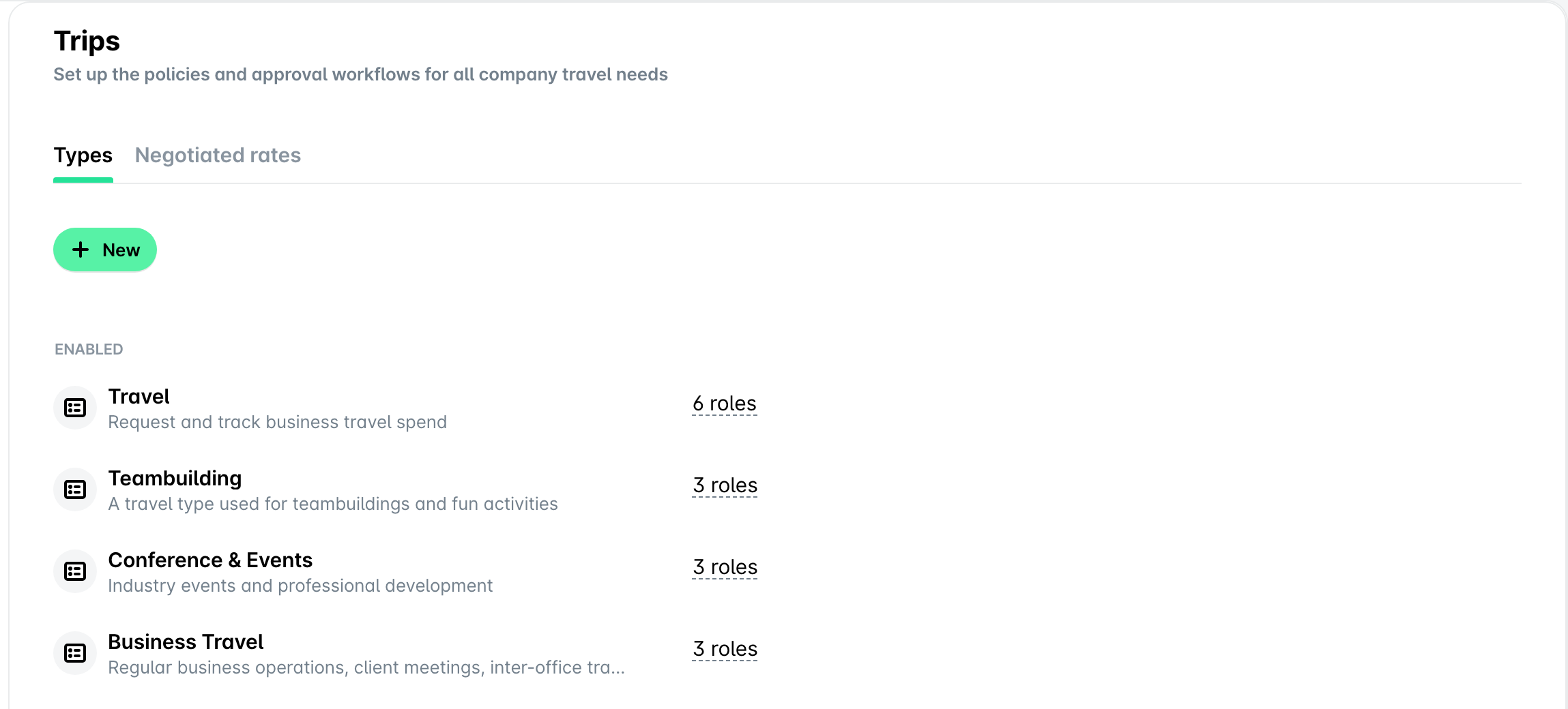 The Trips settings Types tab listing the enabled trip types with their descriptions and assigned roles.