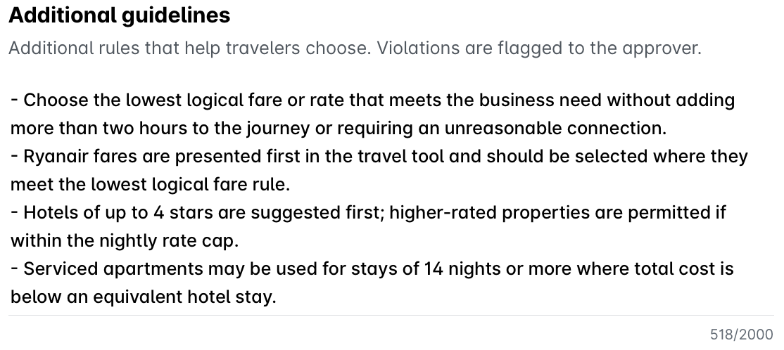 Additional guidelines field with free-text travel rules for the Travel AI Agent.