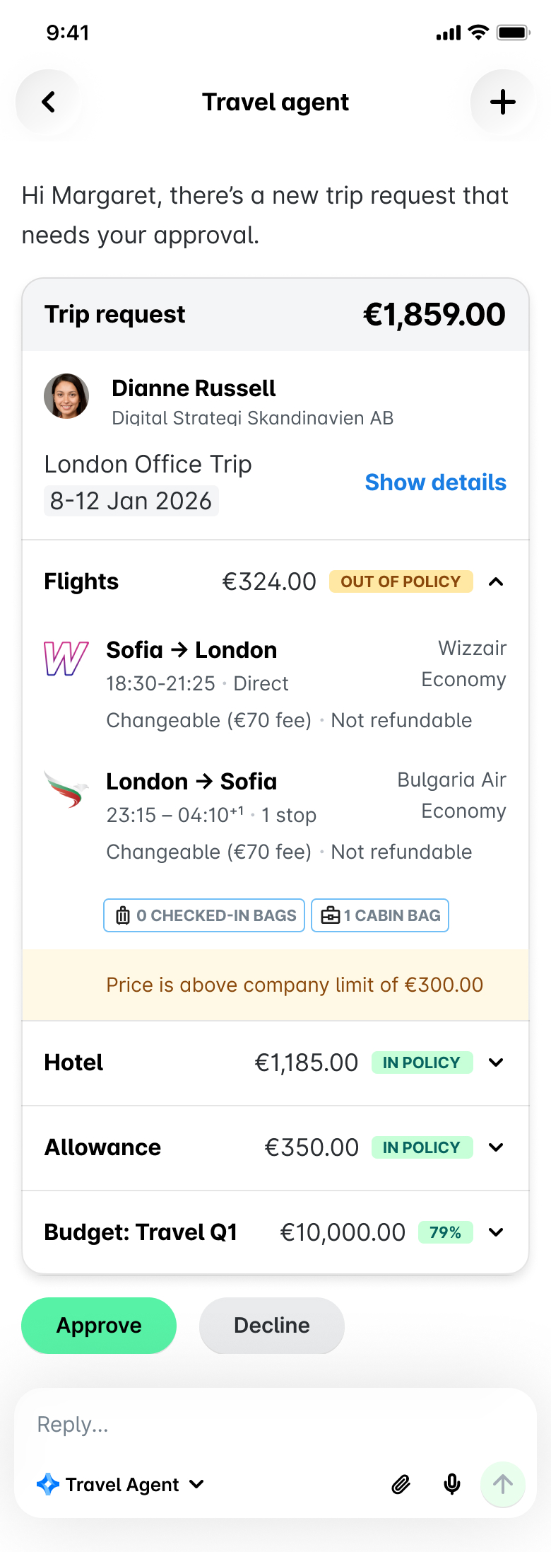 Trip request summary for approval, including flight and hotel details with costs.