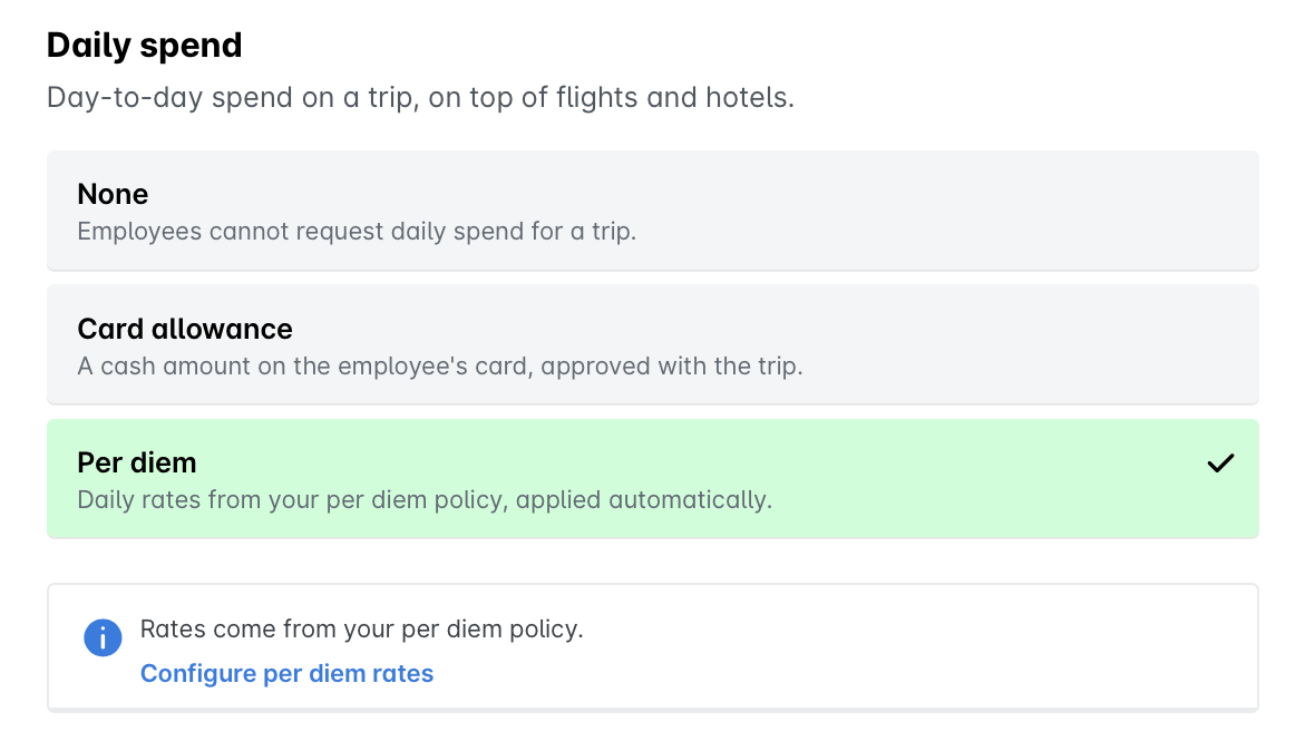 Options for daily spending on trips, including per diem and card allowance details.