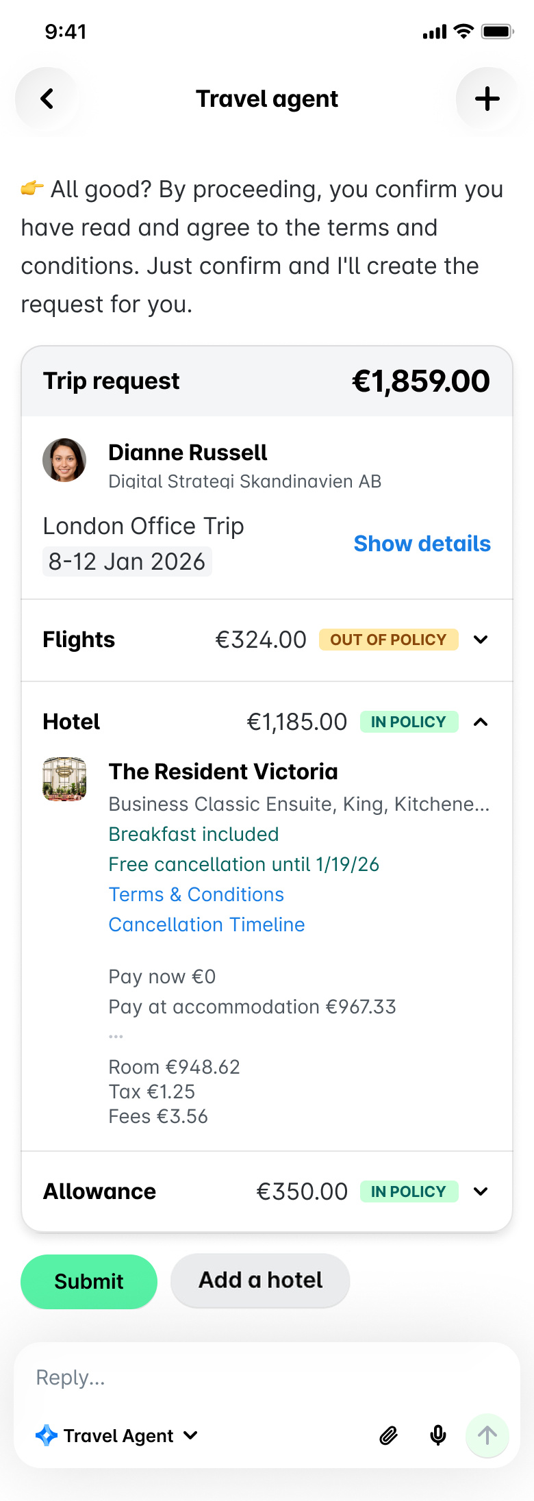 Trip request summary including flights, hotel details, and total cost for approval.