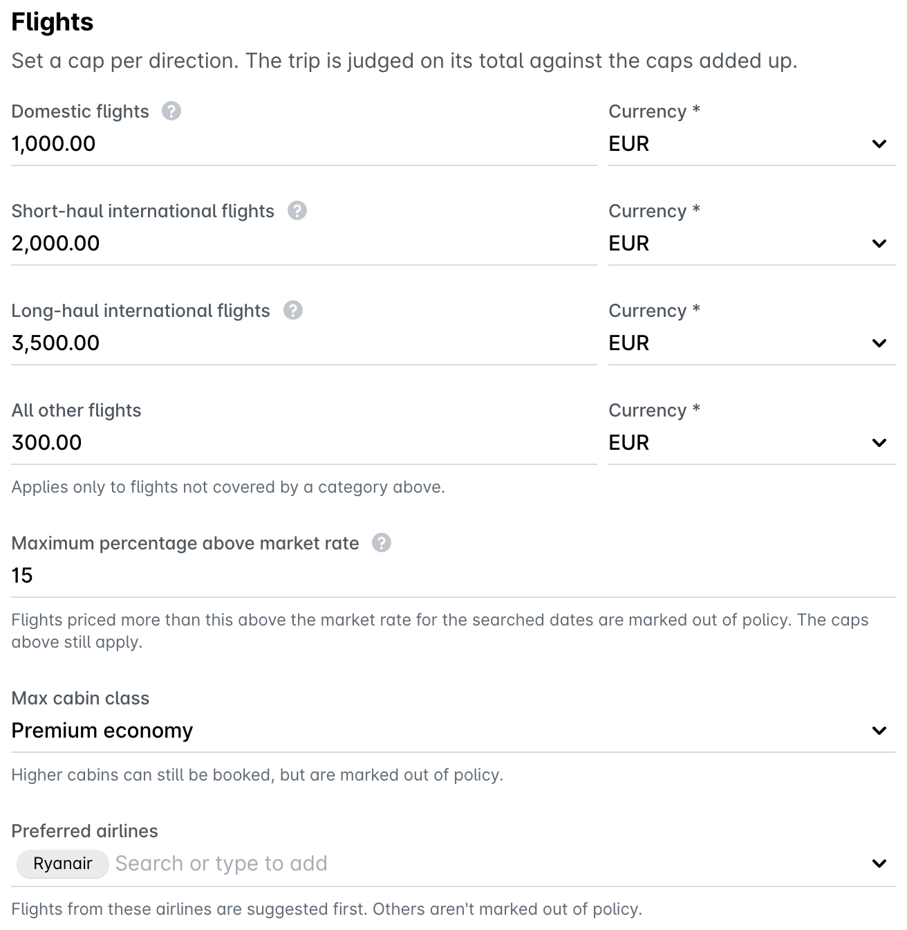 Flights policy settings with caps per flight type, maximum percentage above market rate, max cabin class, and preferred airlines.