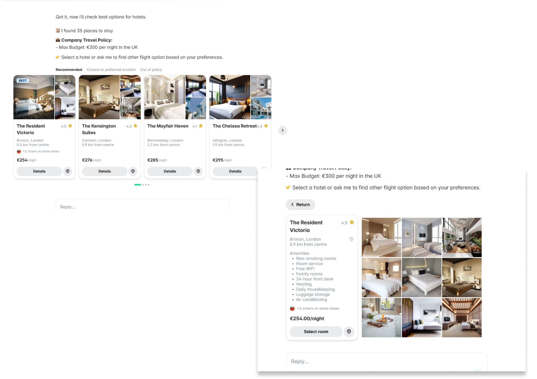 Hotel options with prices and amenities for a stay in London are displayed.