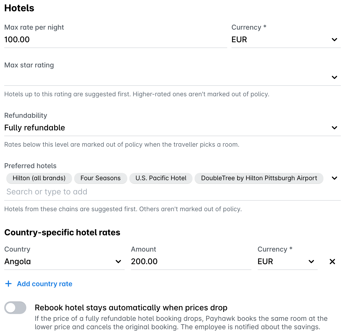 Hotels policy settings with max rate per night, star rating, refundability, preferred hotels, country-specific rates, and automatic rebooking.