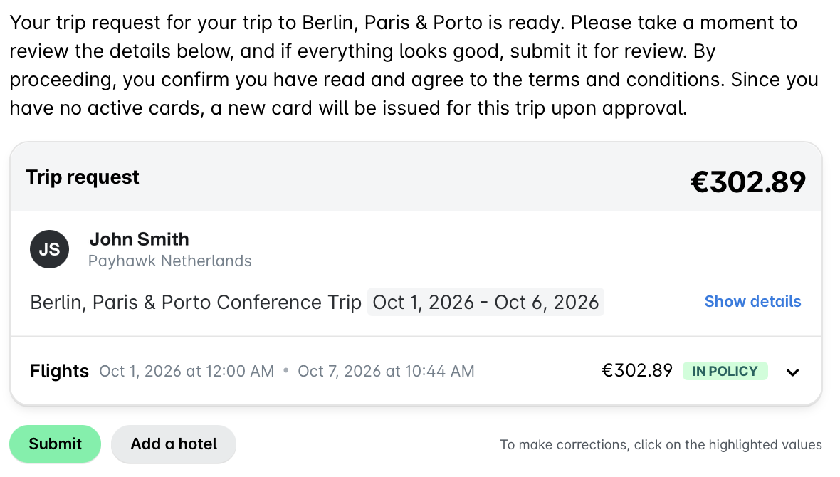 Kaart van een reisaanvraag voor een reis met meerdere bestemmingen met de vluchten en de knoppen Indienen en Hotel toevoegen