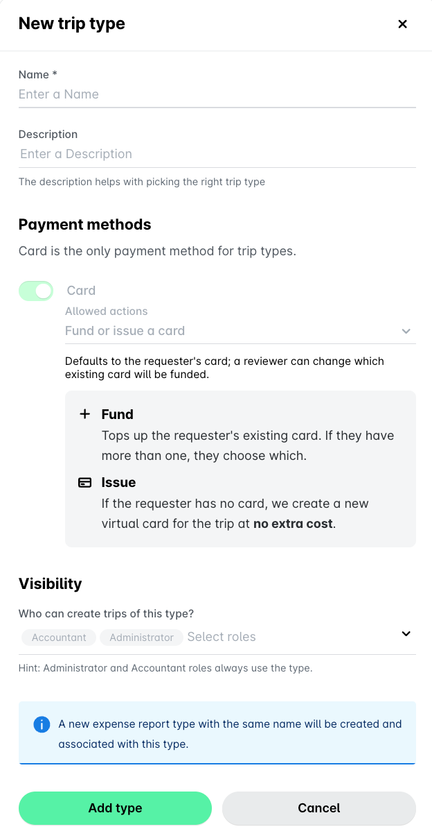 New trip type side panel with the Name, Description, Payment methods and Visibility fields
