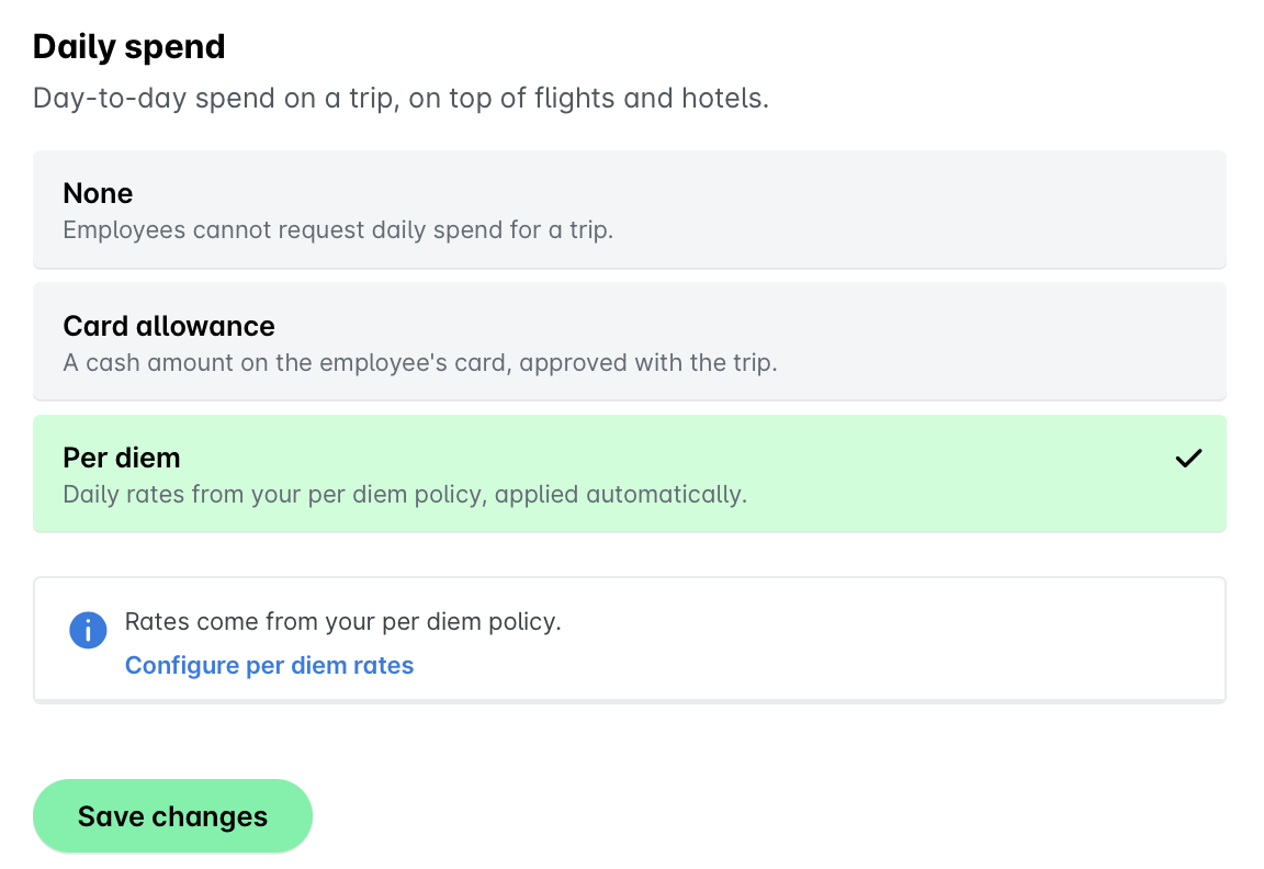 Options for daily spending on trips, including per diem and card allowance details.