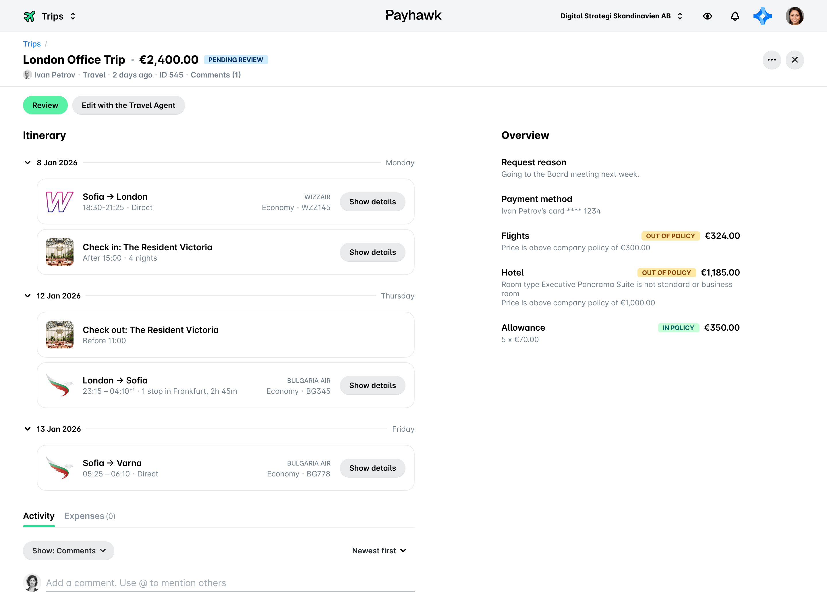 Itinerary for London trip including flights, hotel details, and allowances for expenses.