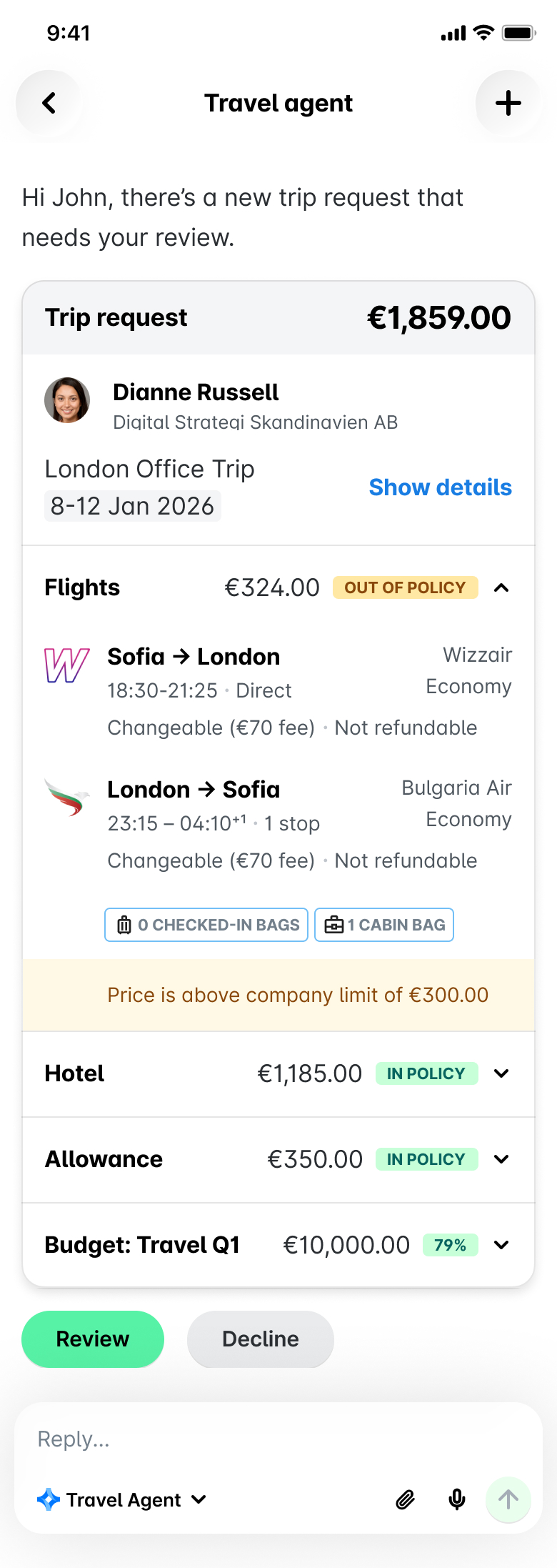 Trip request details for John, including flights, hotel, and budget information.
