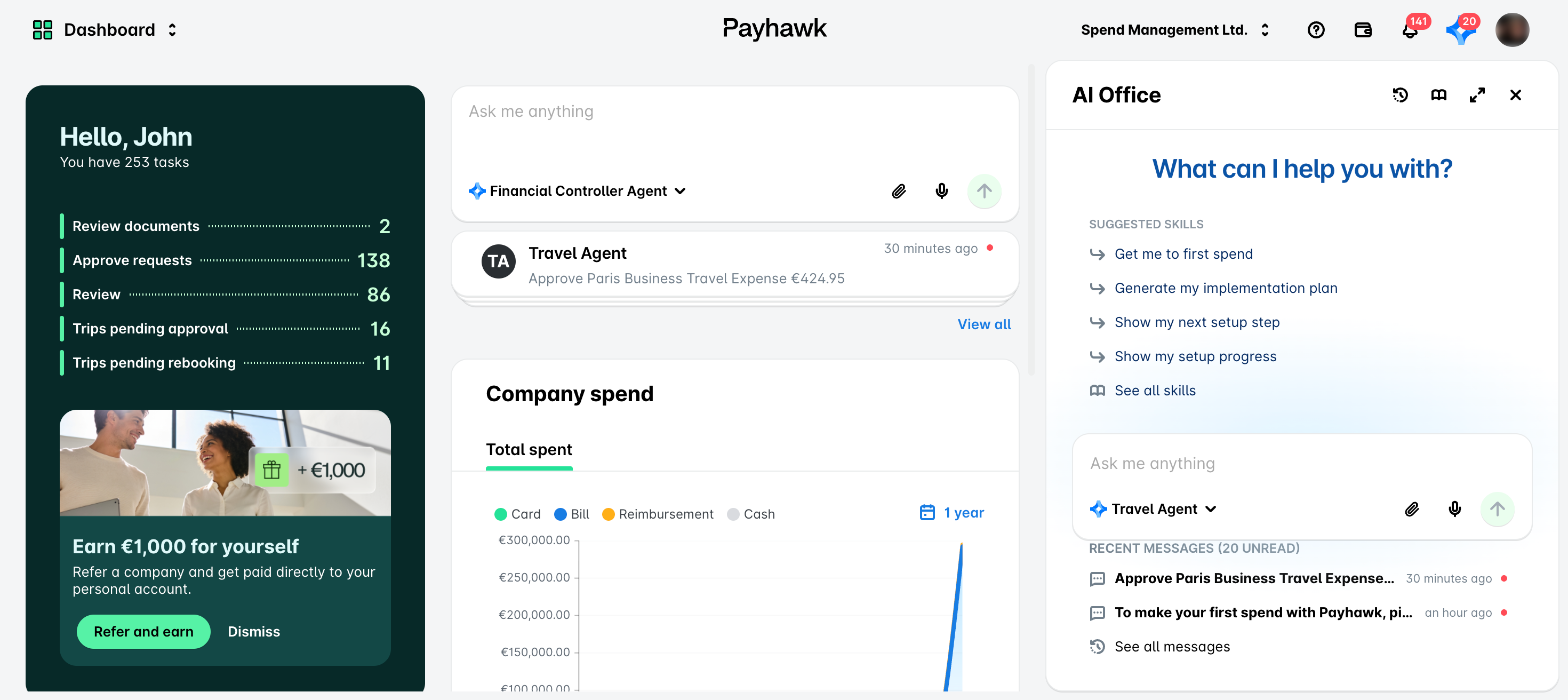 Panel de control del portal web de Payhawk con el panel lateral Oficina IA abierto y el Agente de Viajes seleccionado