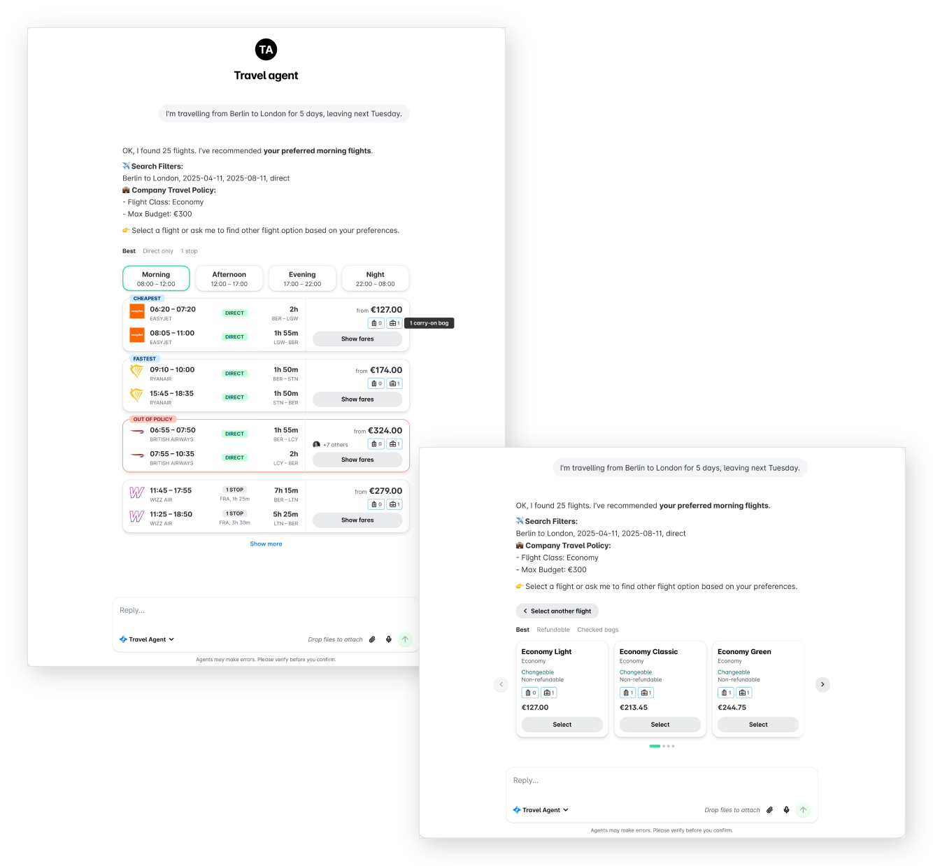 Chat met de Travel AI Agent met vluchtopties per tijdstip van de dag en daarna de tariefopties voor de geselecteerde vlucht