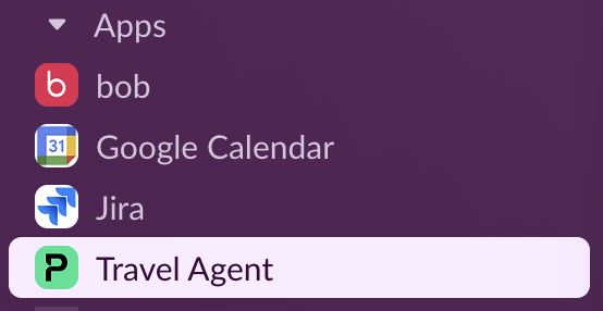 Aplicación Travel Agent en la lista de aplicaciones de Slack