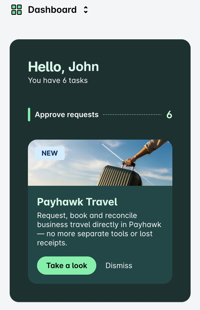 Tarjeta Payhawk Travel en el panel de control de la aplicación móvil de Payhawk con el botón Echar un vistazo