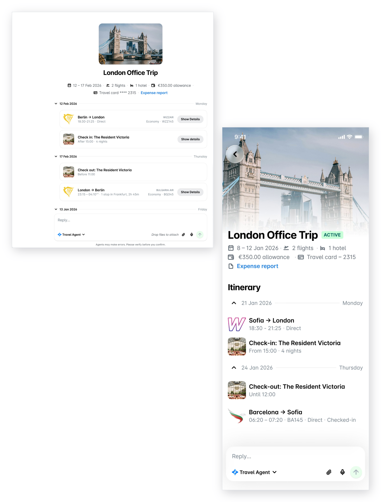 Détails du voyage dans la conversation avec le Travel AI Agent sur le portail Web Payhawk et dans l'application mobile Payhawk