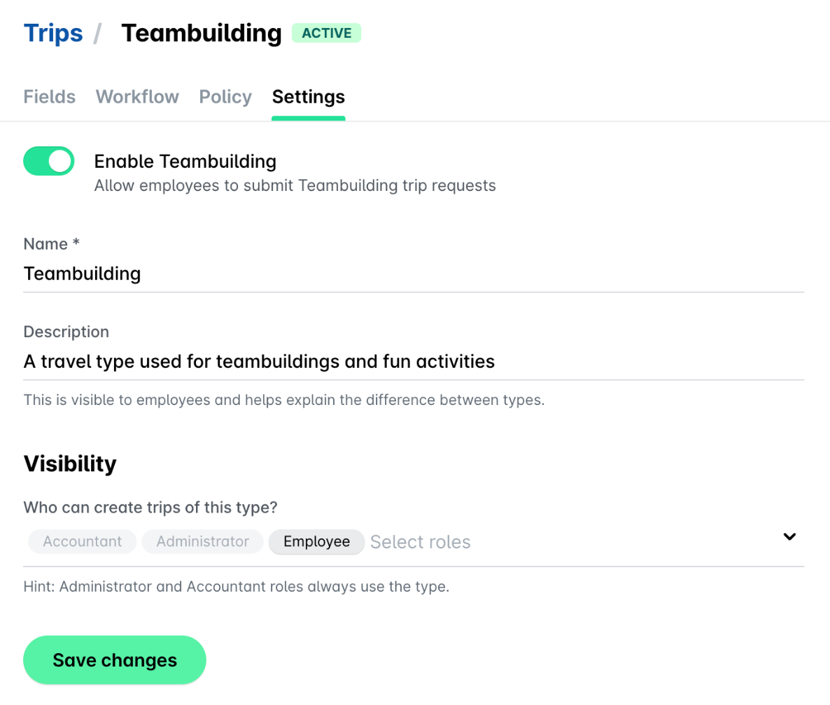 Settings tab of a trip type with the Enable toggle, Name, Description, Visibility roles and the Save changes button