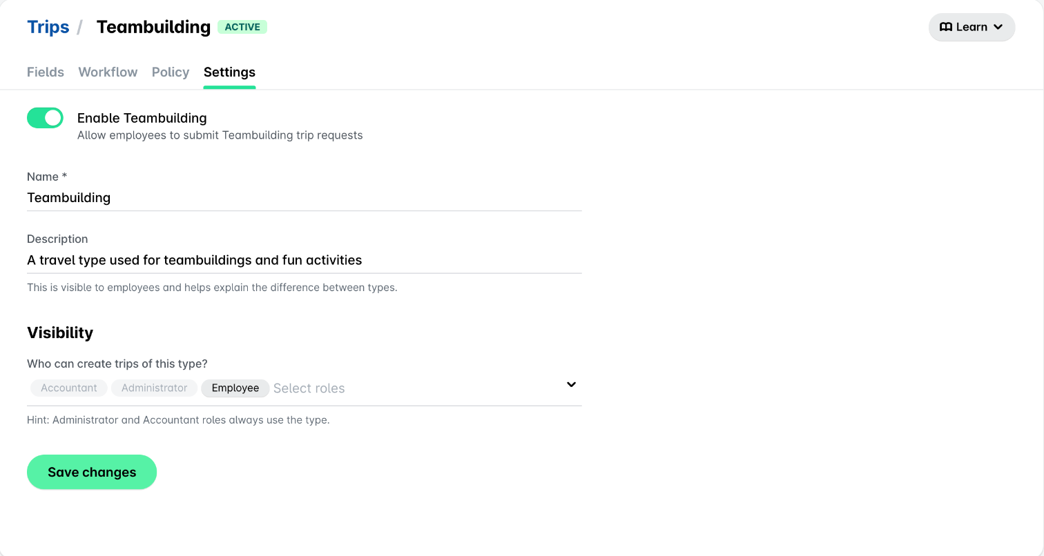 Settings tab of a trip type with the Enable toggle, Name, Description and the Visibility roles