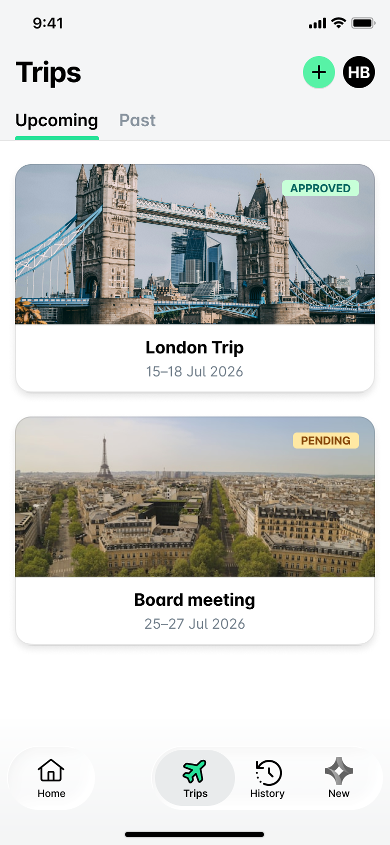 Upcoming trips display with approved London trip and pending board meeting details.
