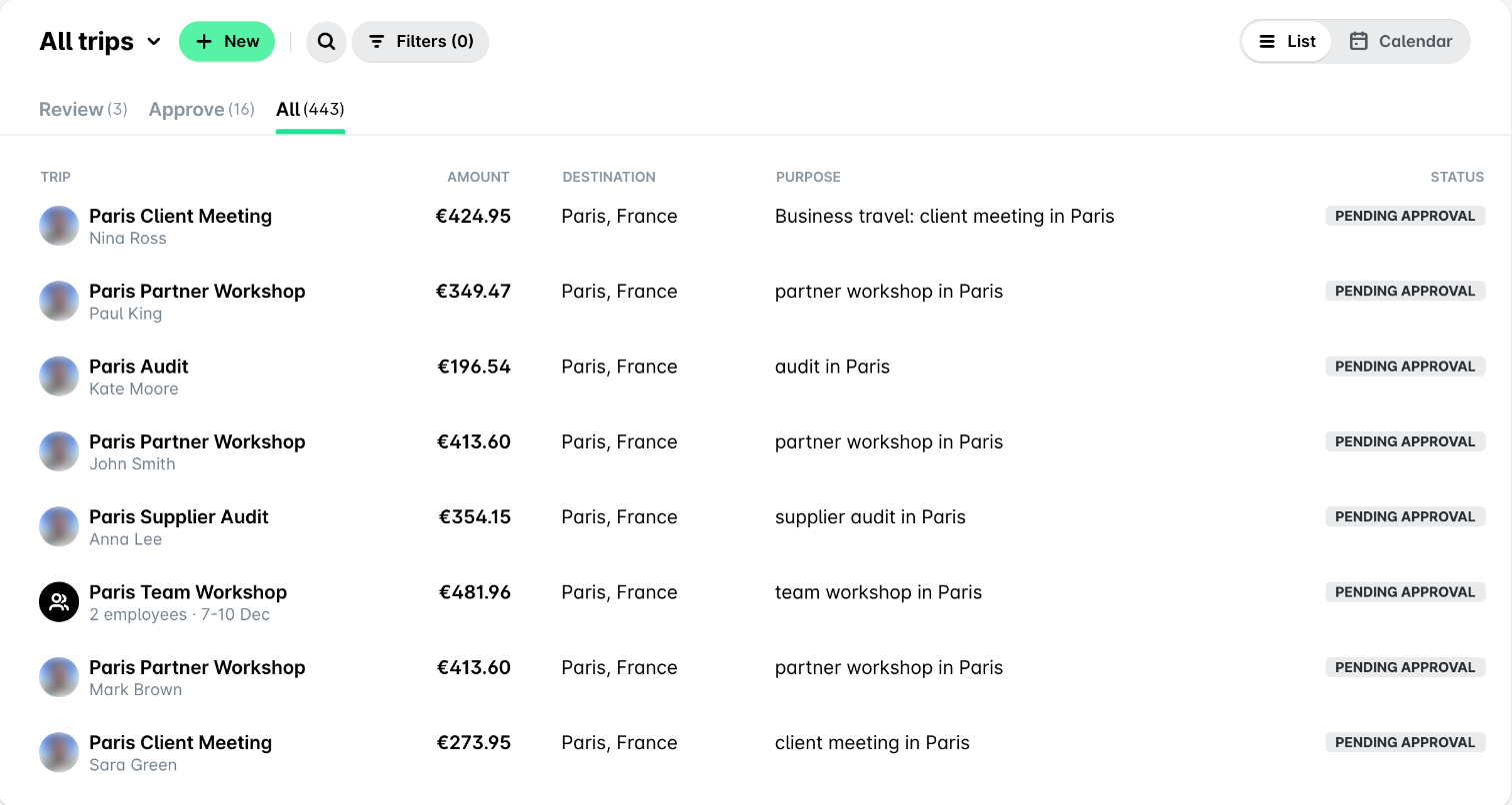 All trips in the Trips app in the List view with trip, amount, destination, purpose and status