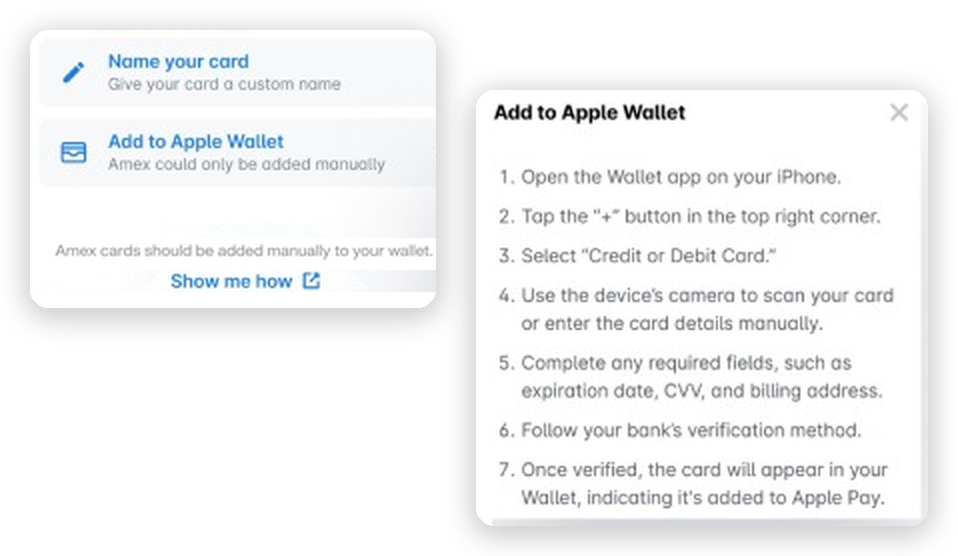 The card options in the Payhawk Mobile App with Add to Apple Wallet and Show me how, and the Add to Apple Wallet steps