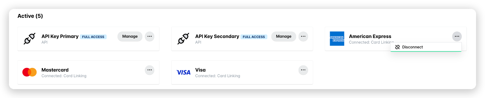American Express in the Active integrations, with Disconnect in its three-dot menu