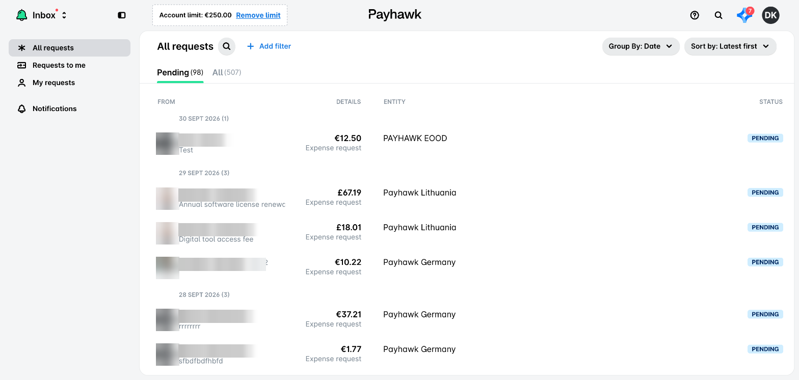 The Payhawk Inbox listing pending requests, with the All requests, Requests to me, My requests and Notifications views in the left pane.