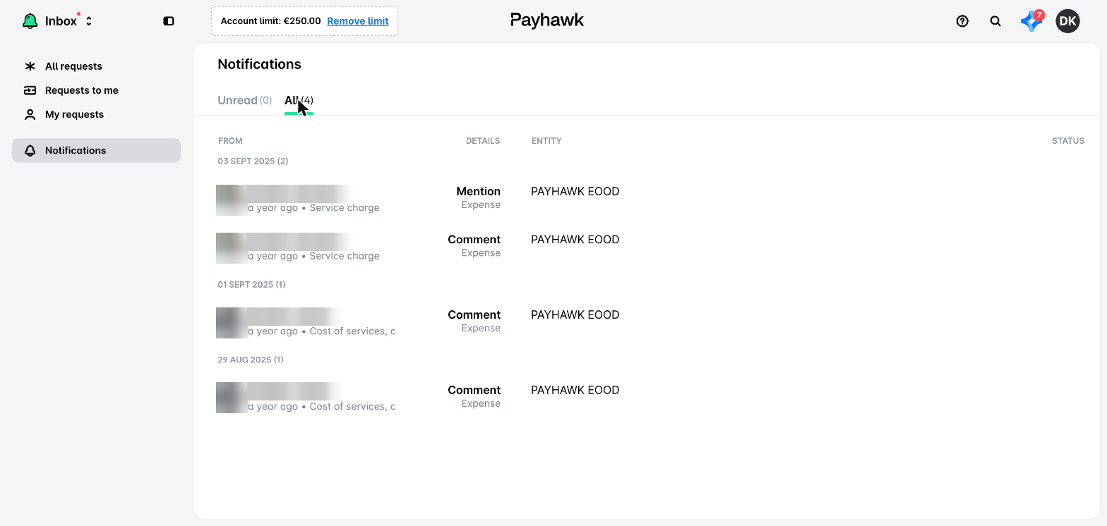 The Notifications view of the Inbox, listing comment and mention notifications.