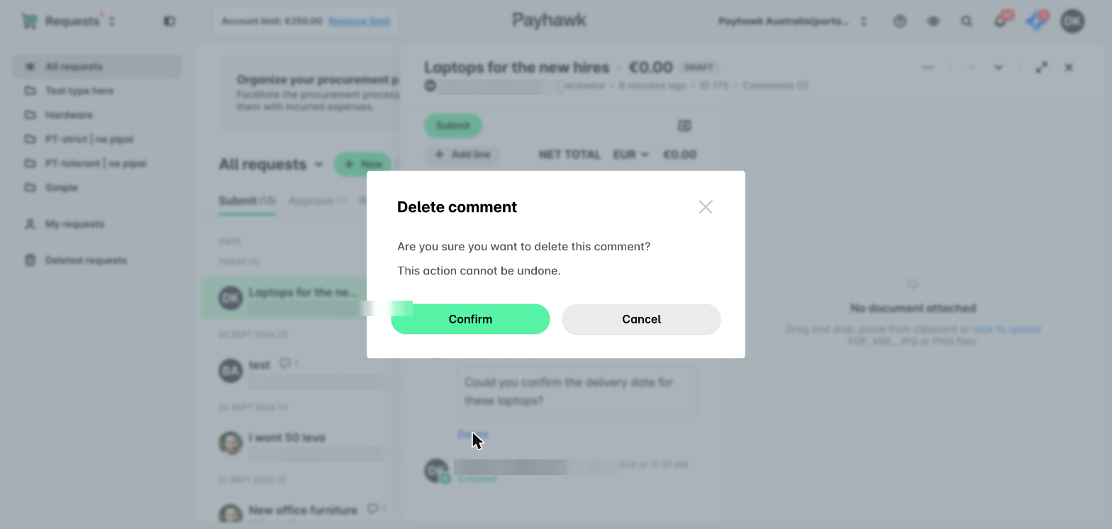 The Delete comment confirmation dialog over the Activity section of a record.