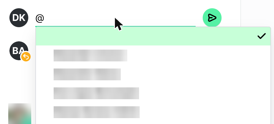 The Activity comment box with the @ mention list open.