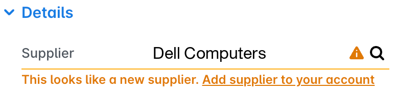 Supplier field on a request flagged with This looks like a new supplier and an Add supplier to your account link.