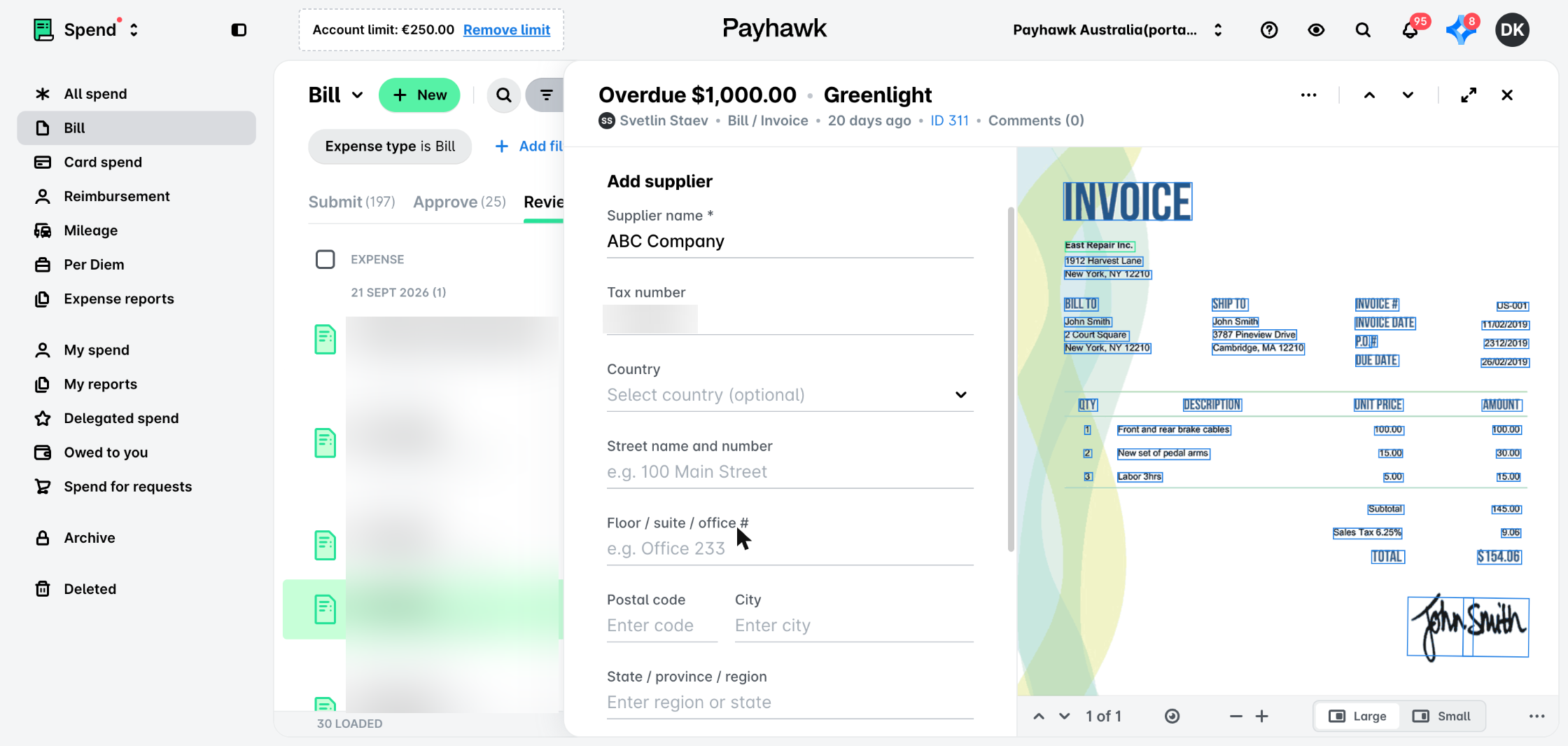 Add supplier form opened on a bill in the Spend app, with the supplier name and tax number extracted from the attached invoice.