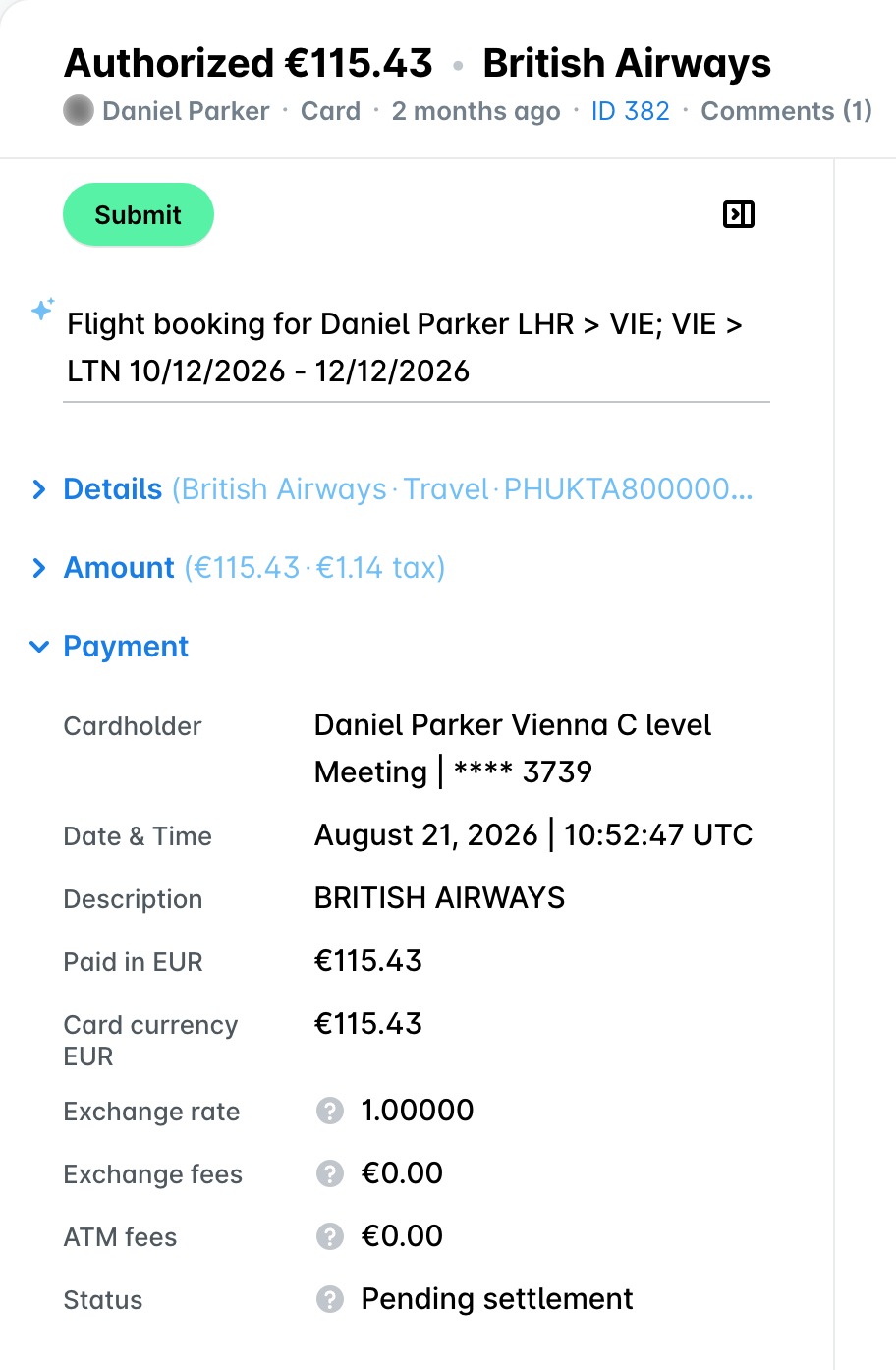 Card expense in Payhawk Spend with the Authorized status next to the amount and Pending settlement as the status in the Payment section.