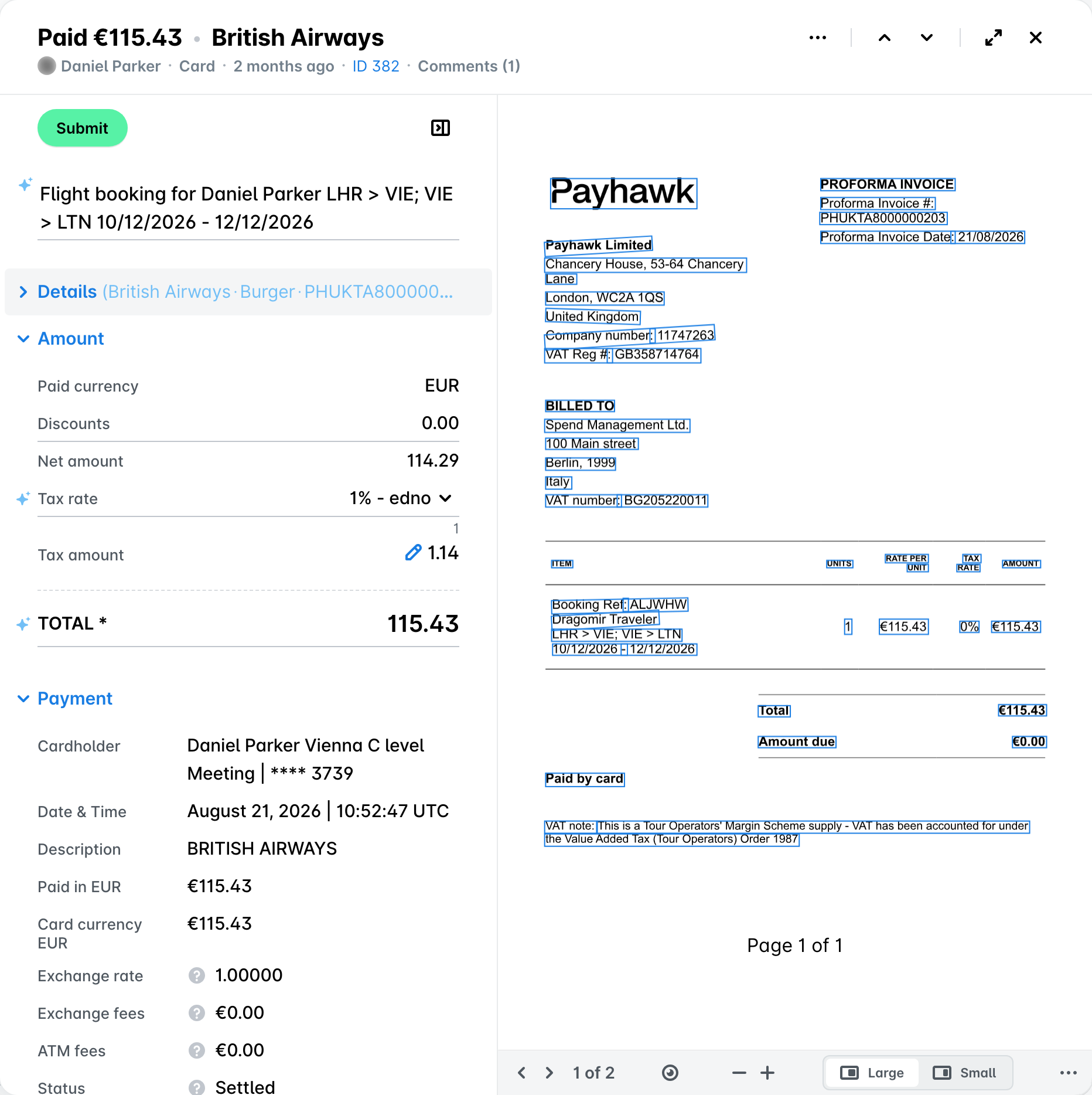 Card expense opened in Payhawk Spend, showing the Paid status next to the amount in the header, with the receipt on the right.