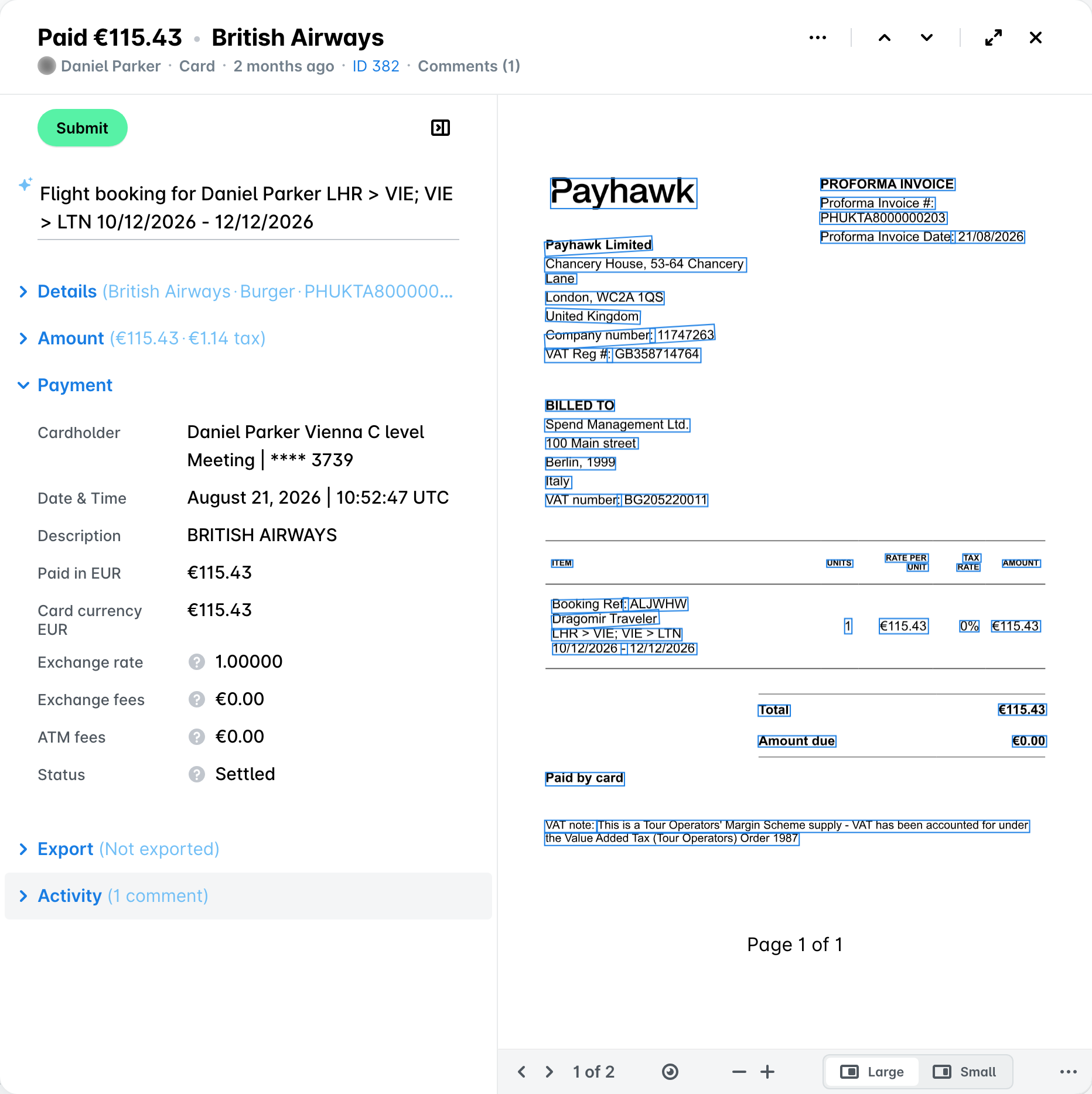 Card expense in Payhawk Spend with the Payment section expanded, showing the card, date, amounts, and the Settled status.