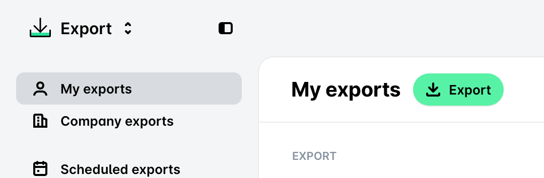 Export app left pane with My exports, Company exports, and Scheduled exports, and the My exports page with the Export button.
