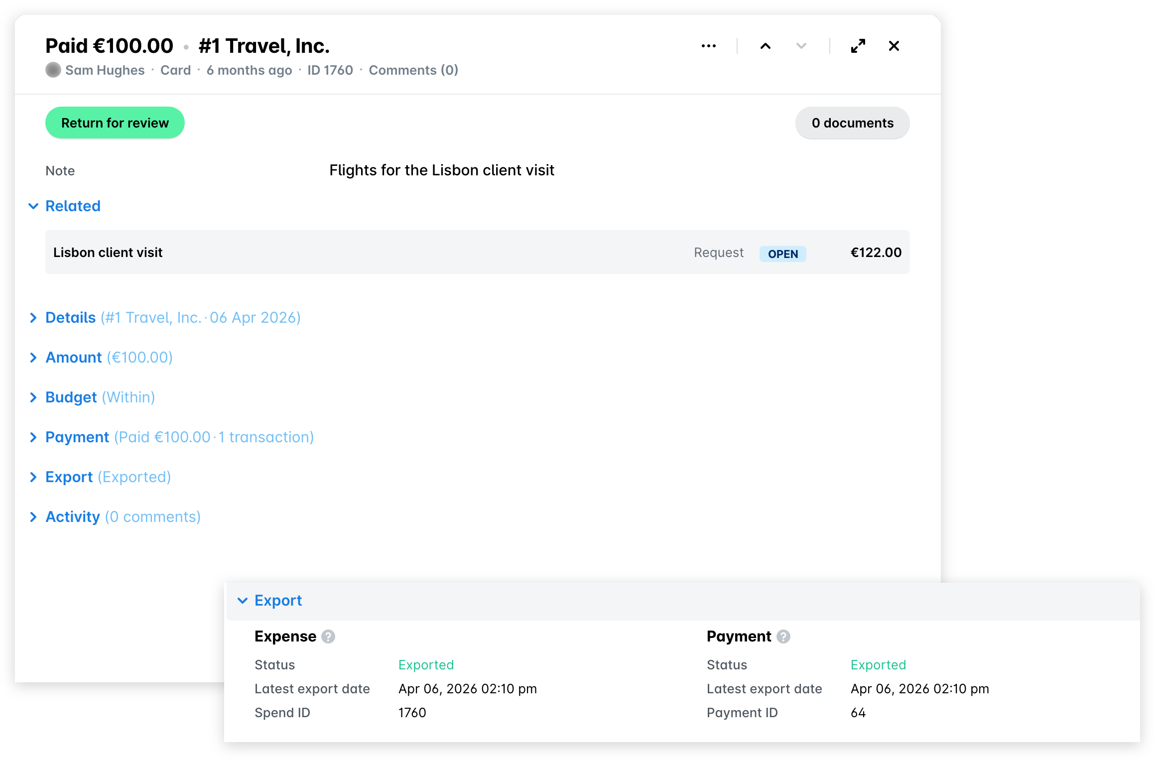 Expense with its collapsed Export section showing Exported, and the expanded Export section with the expense and payment status, latest export date, and IDs.